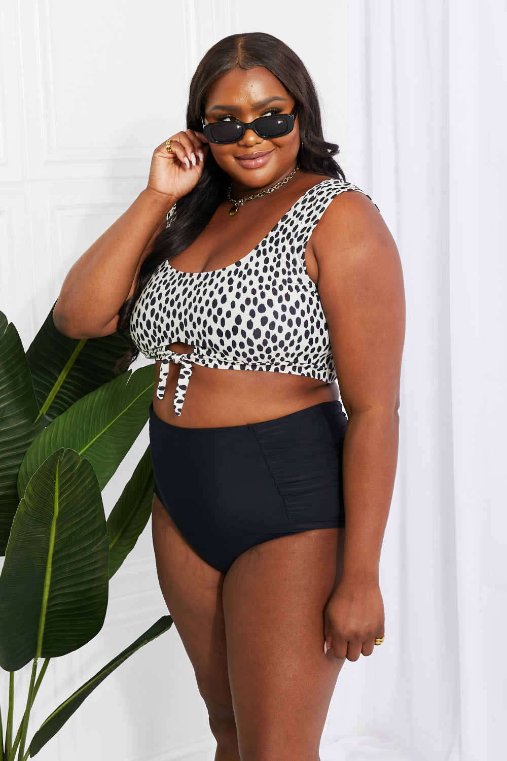 Marina West Swim Sanibel Crop Swim Top and Ruched Bottoms Set in Black - Rosa Apparel