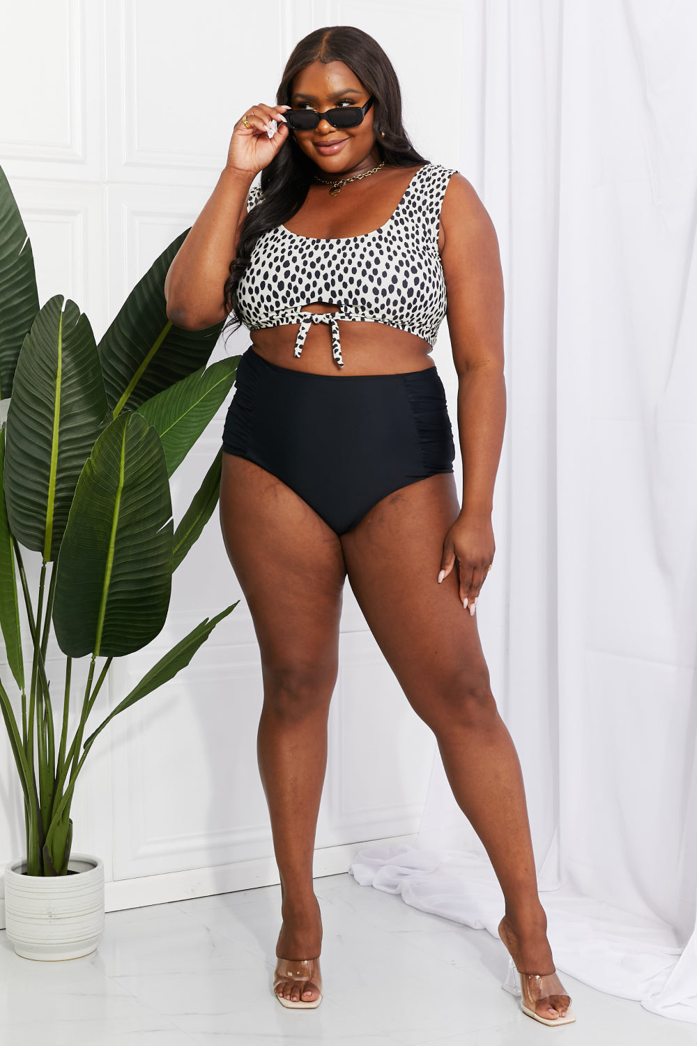 Marina West Swim Sanibel Crop Swim Top and Ruched Bottoms Set in Black - Rosa Apparel