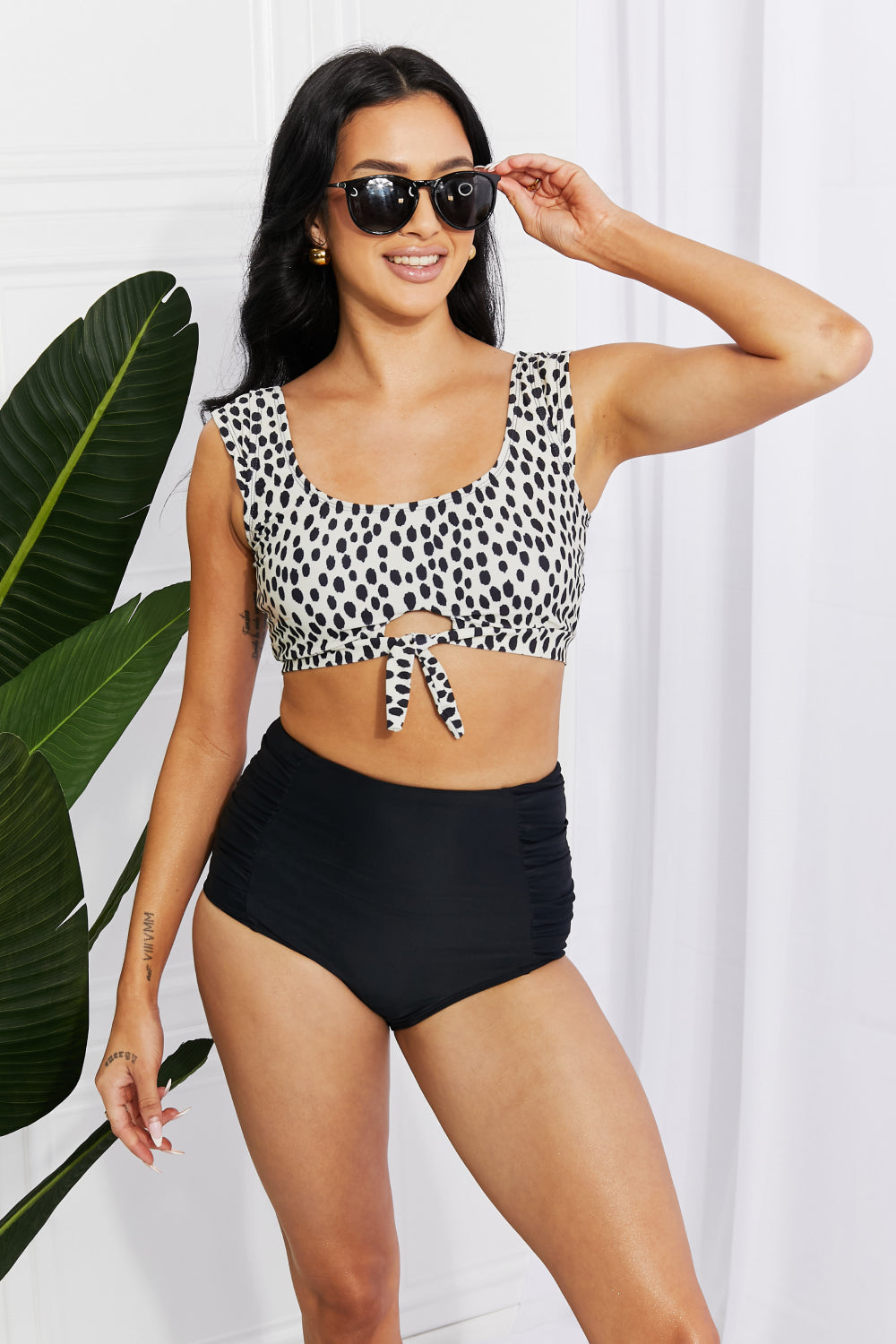 Marina West Swim Sanibel Crop Swim Top and Ruched Bottoms Set in Black - Rosa Apparel