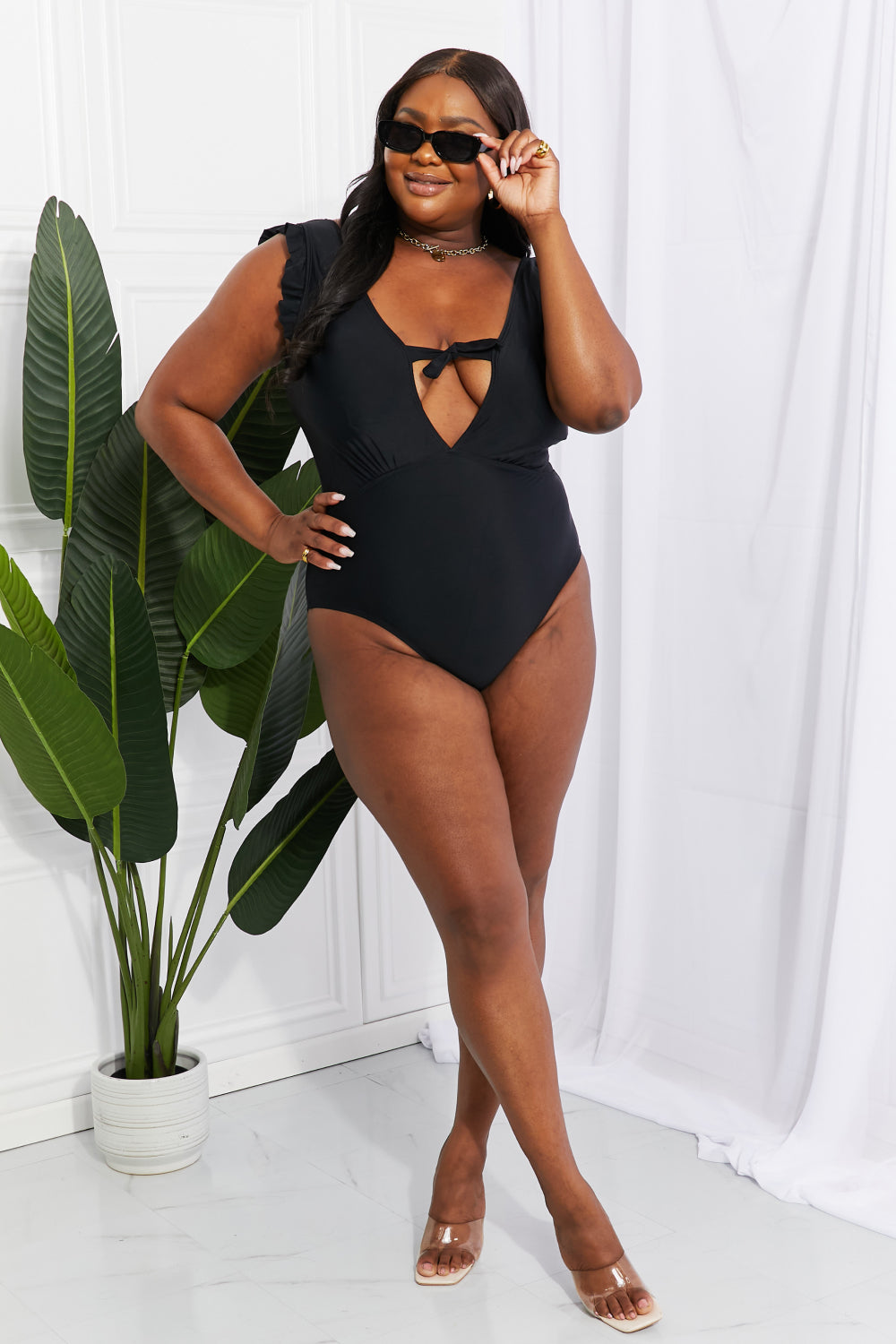 Marina West Swim Seashell Ruffle Sleeve One-Piece in Black - Rosa Apparel