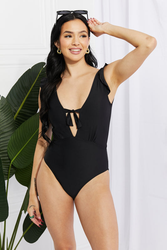 Marina West Swim Seashell Ruffle Sleeve One-Piece in Black - Rosa Apparel