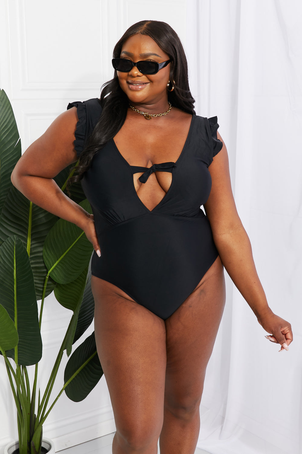 Marina West Swim Seashell Ruffle Sleeve One-Piece in Black - Rosa Apparel