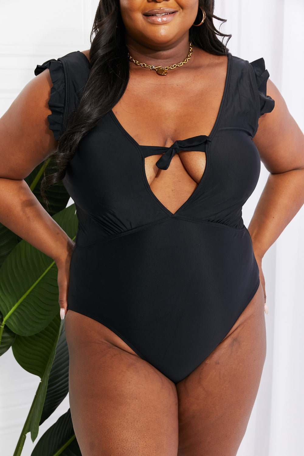 Marina West Swim Seashell Ruffle Sleeve One-Piece in Black - Rosa Apparel