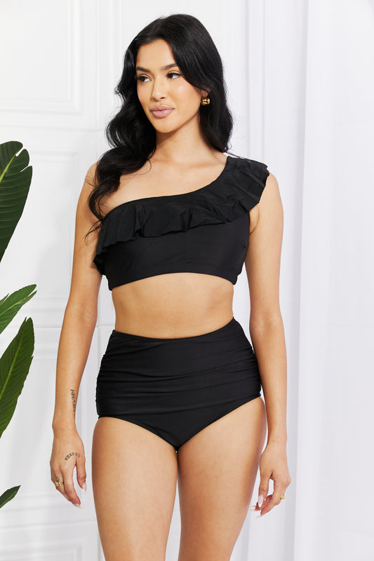 Marina West Swim Seaside Romance Ruffle One-Shoulder Bikini in Black - Rosa Apparel