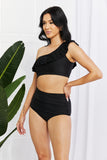 Marina West Swim Seaside Romance Ruffle One-Shoulder Bikini in Black - Rosa Apparel