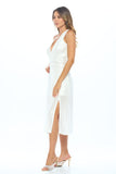 Metallic Solid Deep V Neck Lined Dress with Slit - Rosa Apparel