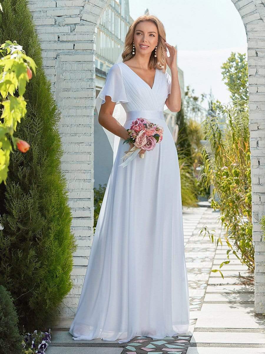 Minimalist A-Line Chiffon Wedding Dress with Satin Belt - Rosa Apparel