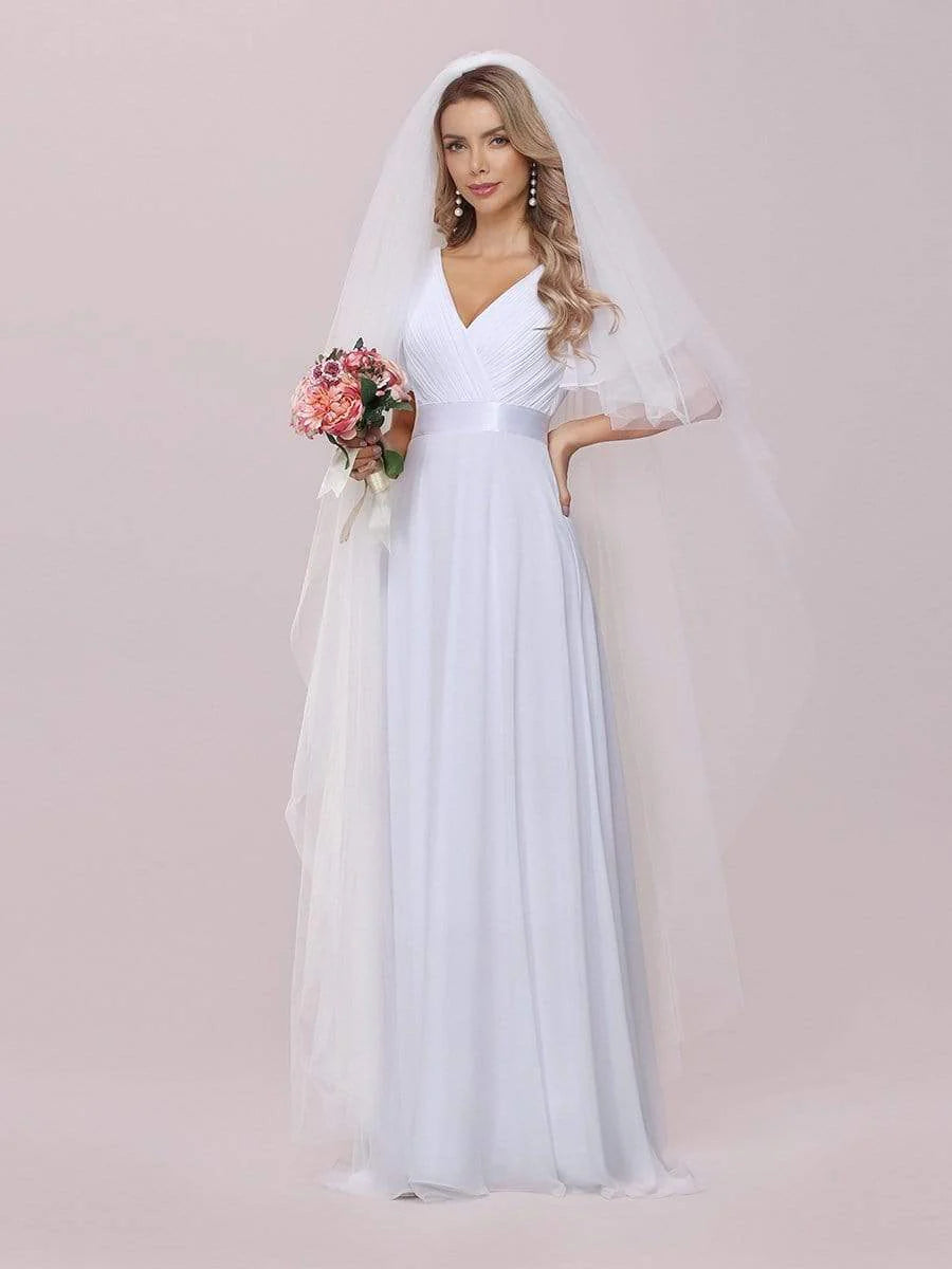 Minimalist A-Line Chiffon Wedding Dress with Satin Belt - Rosa Apparel