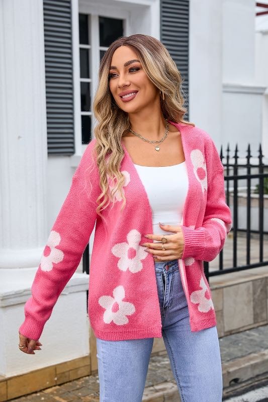 Miss Sparkling Chic Open Front Long Sleeves Flower Cardigan - Rosa Apparel