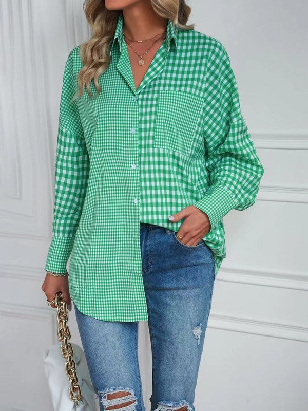 Miss Sparkling Elegant Plaid Button Up Long Sleeves V-Neck Blouse - Rosa Apparel