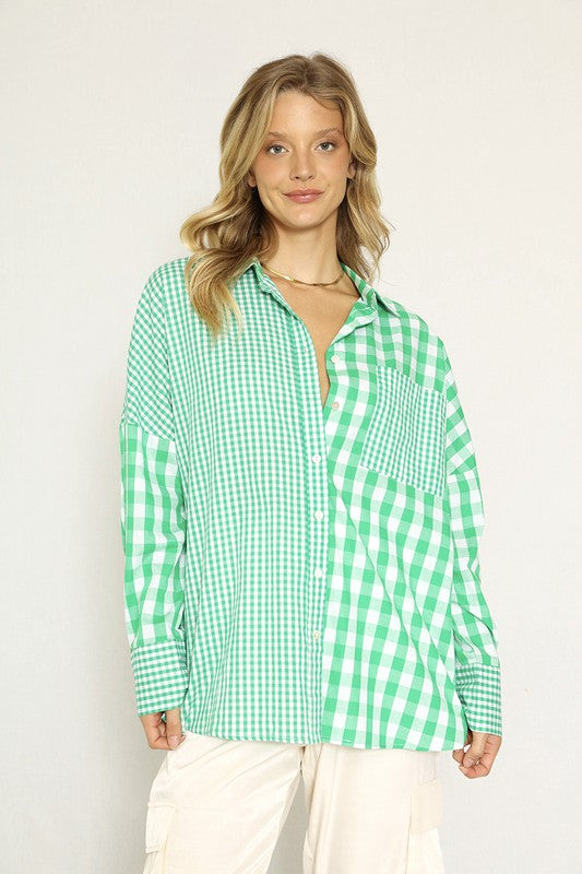 Miss Sparkling Elegant Plaid Button Up Long Sleeves V-Neck Blouse - Rosa Apparel