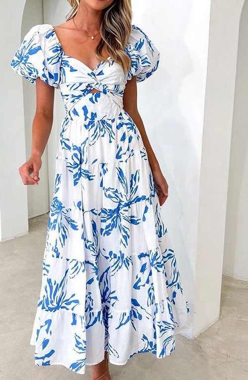 Miss Sparkling Puff Sleeve Square Neck Floral Maxi Dress - Rosa Apparel