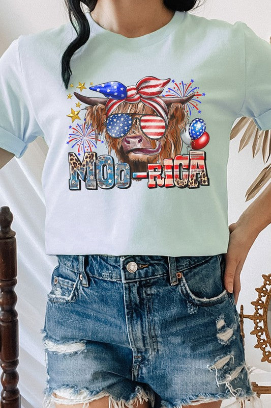 Moo-Rica Cow Fireworks Flag Patriotic 4th of July Graphic Tee - Rosa Apparel