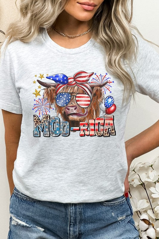 Moo-Rica Cow Fireworks Flag Patriotic 4th of July Graphic Tee - Rosa Apparel