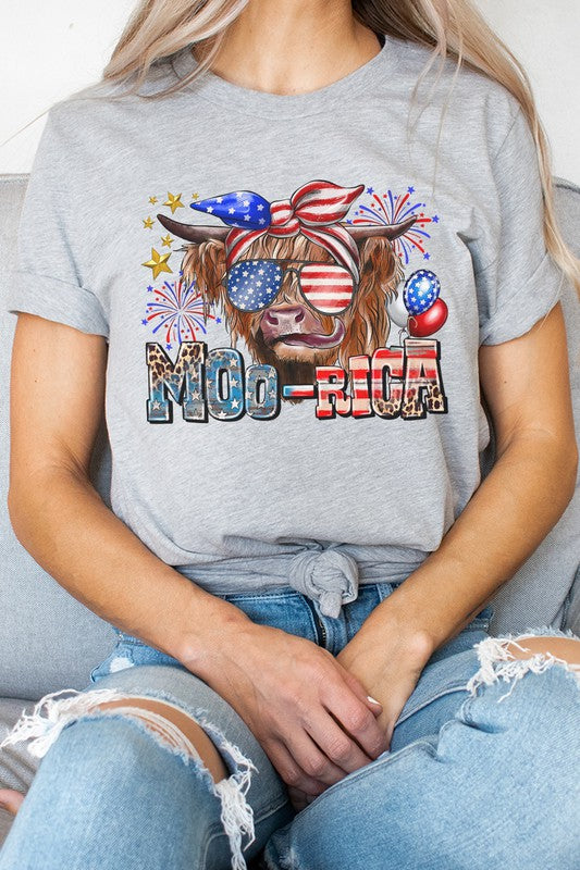 Moo-Rica Cow Fireworks Flag Patriotic 4th of July Graphic Tee - Rosa Apparel