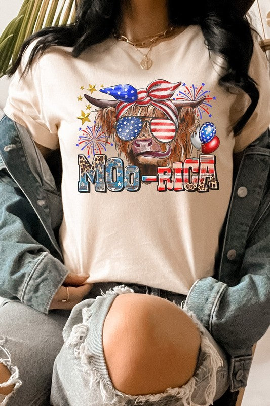 Moo-Rica Cow Fireworks Flag Patriotic 4th of July Graphic Tee - Rosa Apparel