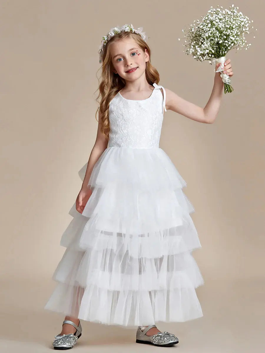 Multi-Layered Tulle Princess Flower Girl Dress with Spaghetti Straps - Rosa Apparel