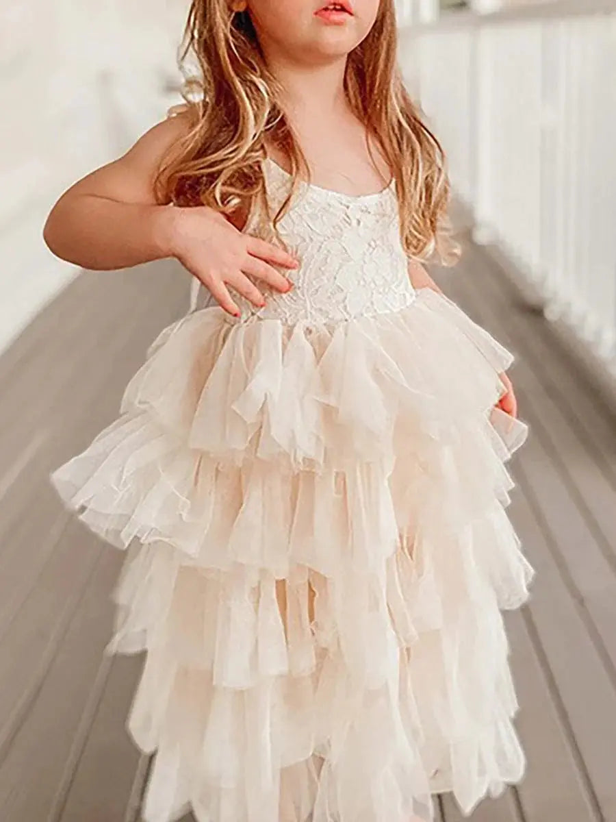 Multi-Layered Tulle Princess Flower Girl Dress with Spaghetti Straps - Rosa Apparel