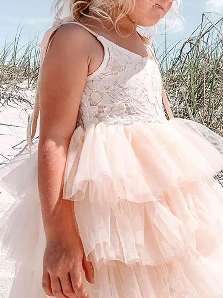 Multi-Layered Tulle Princess Flower Girl Dress with Spaghetti Straps - Rosa Apparel