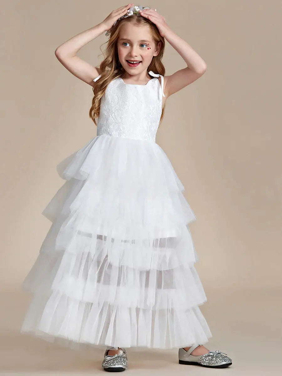 Multi-Layered Tulle Princess Flower Girl Dress with Spaghetti Straps - Rosa Apparel