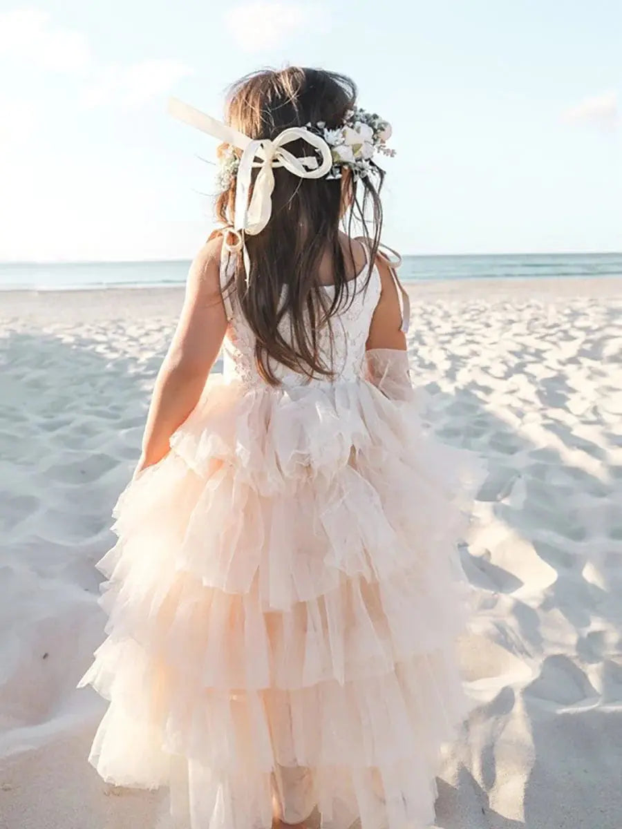 Multi-Layered Tulle Princess Flower Girl Dress with Spaghetti Straps - Rosa Apparel