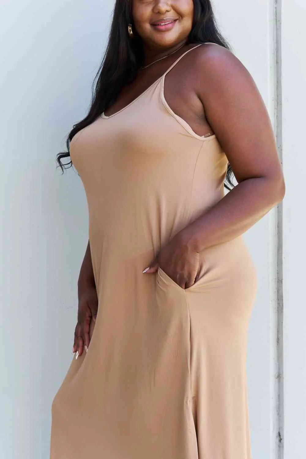 Ninexis Good Energy Full Size Cami Side Slit Maxi Dress in Camel - Rosa Apparel