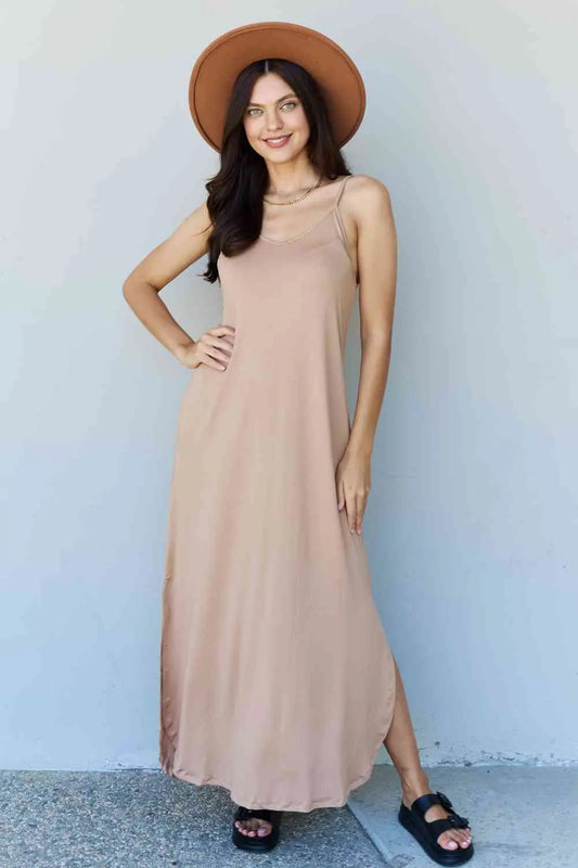 Ninexis Good Energy Full Size Cami Side Slit Maxi Dress in Camel - Rosa Apparel