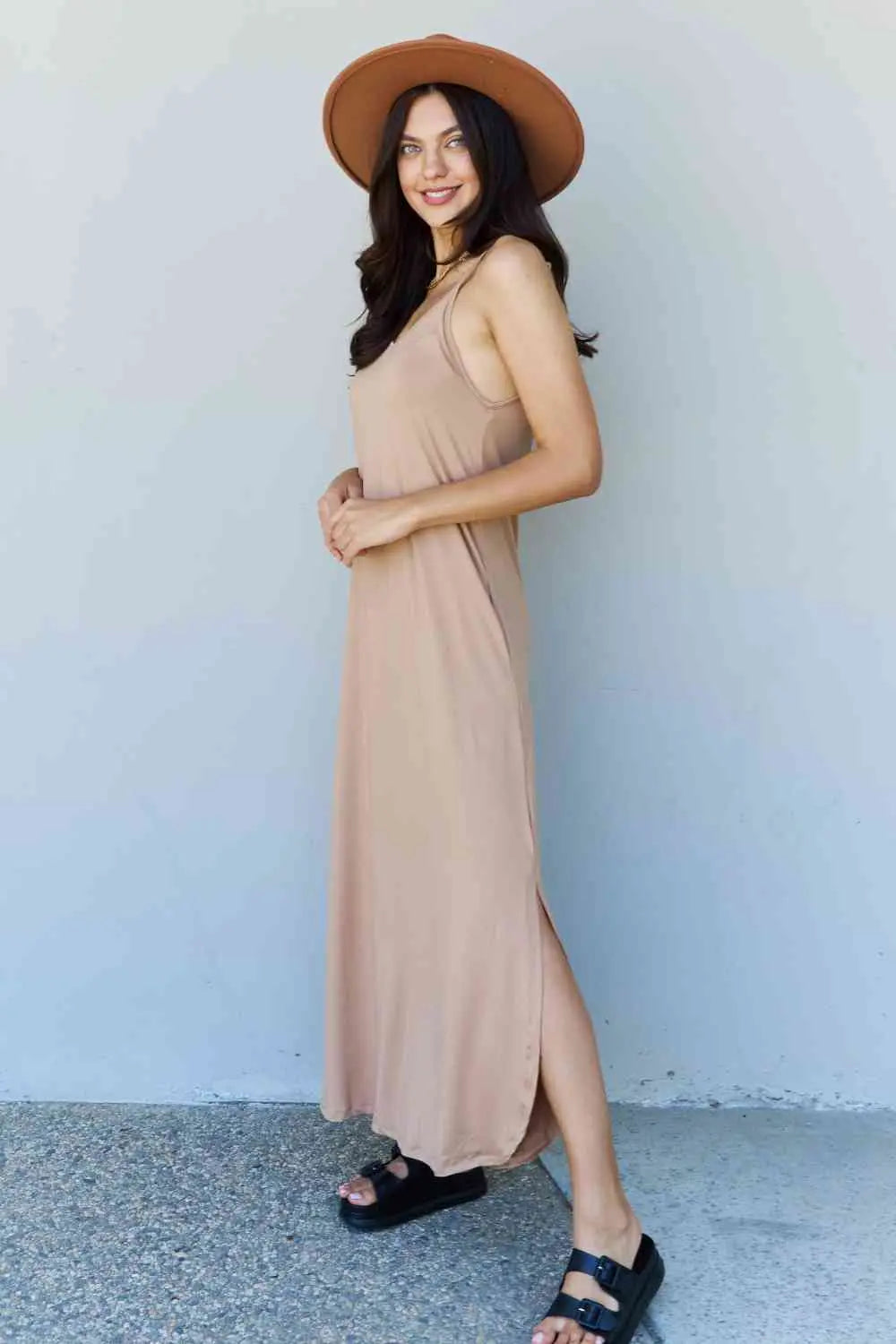 Ninexis Good Energy Full Size Cami Side Slit Maxi Dress in Camel - Rosa Apparel