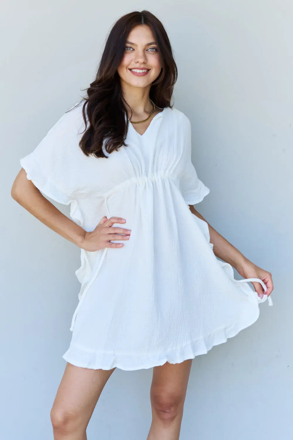 Ninexis Out Of Time Full Size Ruffle Hem Dress with Drawstring Waistband in White - Rosa Apparel