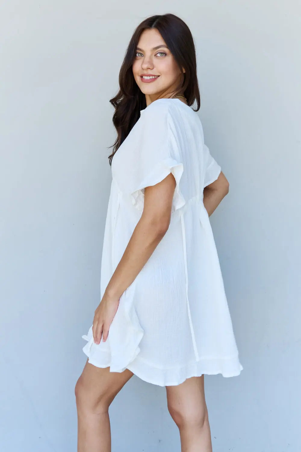 Ninexis Out Of Time Full Size Ruffle Hem Dress with Drawstring Waistband in White - Rosa Apparel