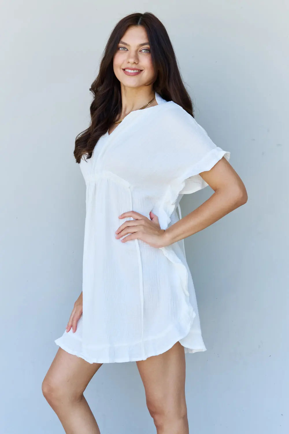 Ninexis Out Of Time Full Size Ruffle Hem Dress with Drawstring Waistband in White - Rosa Apparel