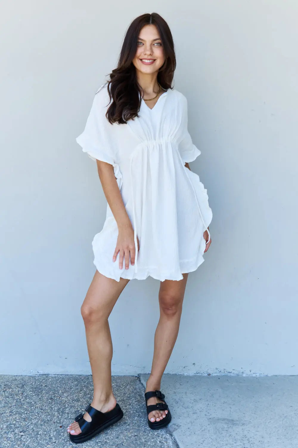 Ninexis Out Of Time Full Size Ruffle Hem Dress with Drawstring Waistband in White - Rosa Apparel