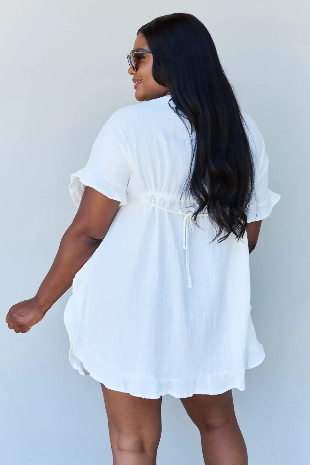 Ninexis Out Of Time Full Size Ruffle Hem Dress with Drawstring Waistband in White - Rosa Apparel