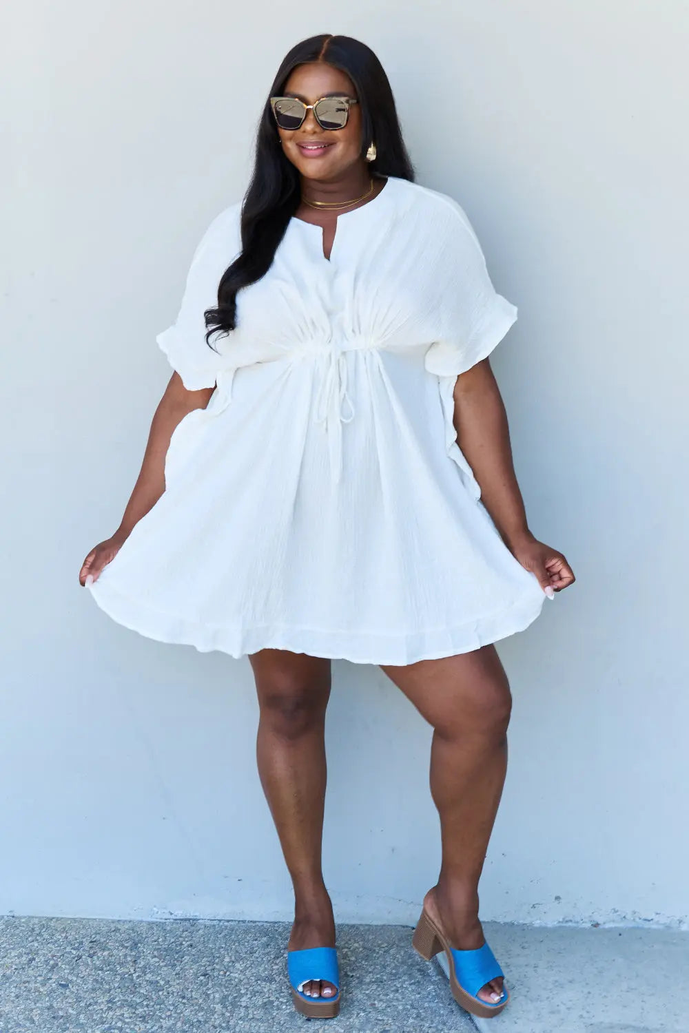 Ninexis Out Of Time Full Size Ruffle Hem Dress with Drawstring Waistband in White - Rosa Apparel