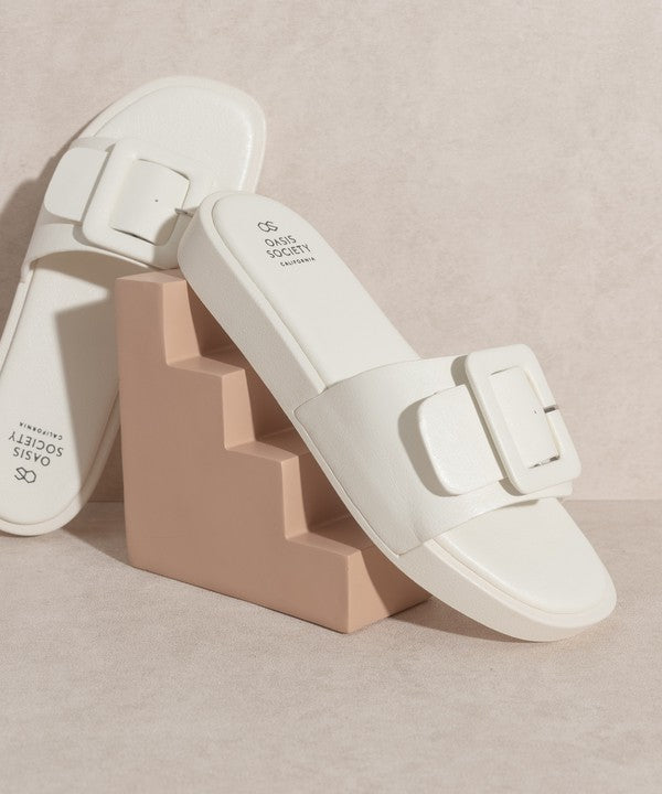 OASIS SOCIETY Daisy - Single Buckle Slide Square Toe Sandals - Rosa Apparel