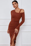 One Shoulder Cut Off Long Sleeves Strip Sexy Bodycon Dress By Claude - Rosa Apparel