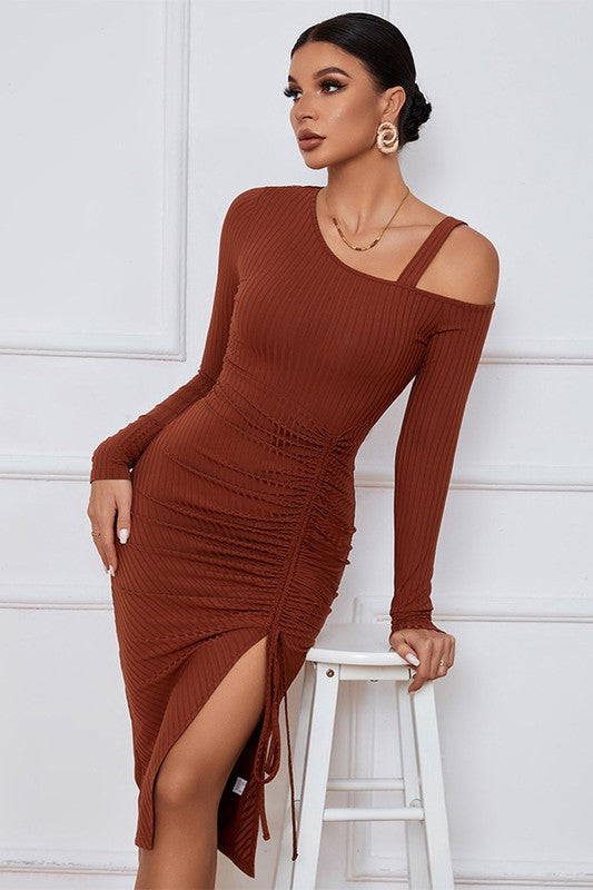 One Shoulder Cut Off Long Sleeves Strip Sexy Bodycon Dress By Claude - Rosa Apparel