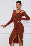 One Shoulder Cut Off Long Sleeves Strip Sexy Bodycon Dress By Claude - Rosa Apparel