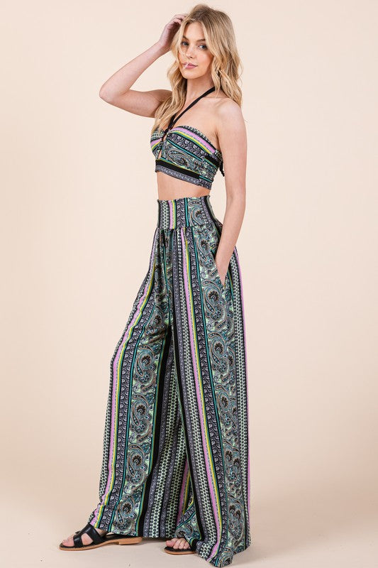 Orange Farm Boho Print Wide Leg Pants with Pockets - Rosa Apparel