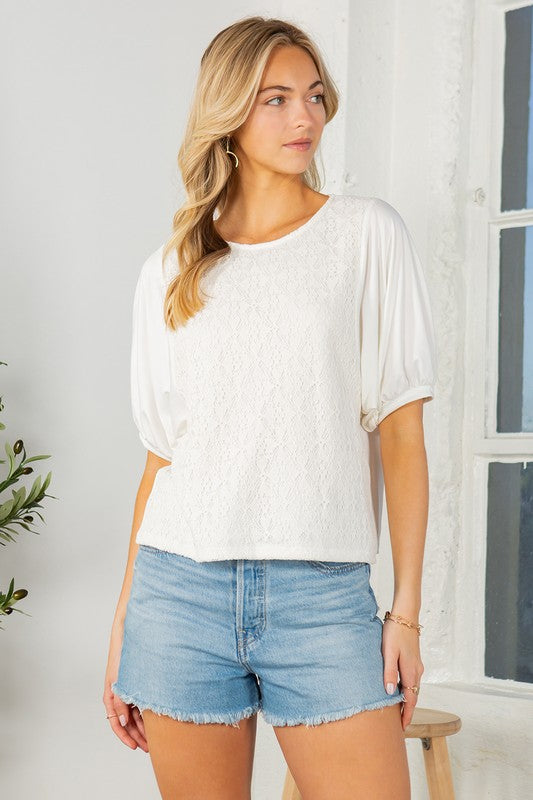 Orange Farm Lace Overlay Puff Sleeve Top - Rosa Apparel