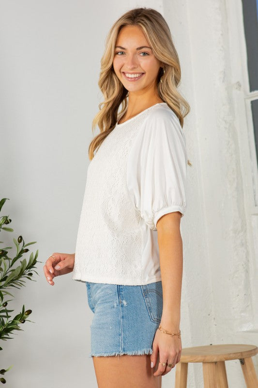 Orange Farm Lace Overlay Puff Sleeve Top - Rosa Apparel