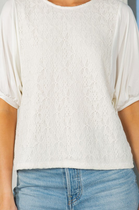 Orange Farm Lace Overlay Puff Sleeve Top - Rosa Apparel