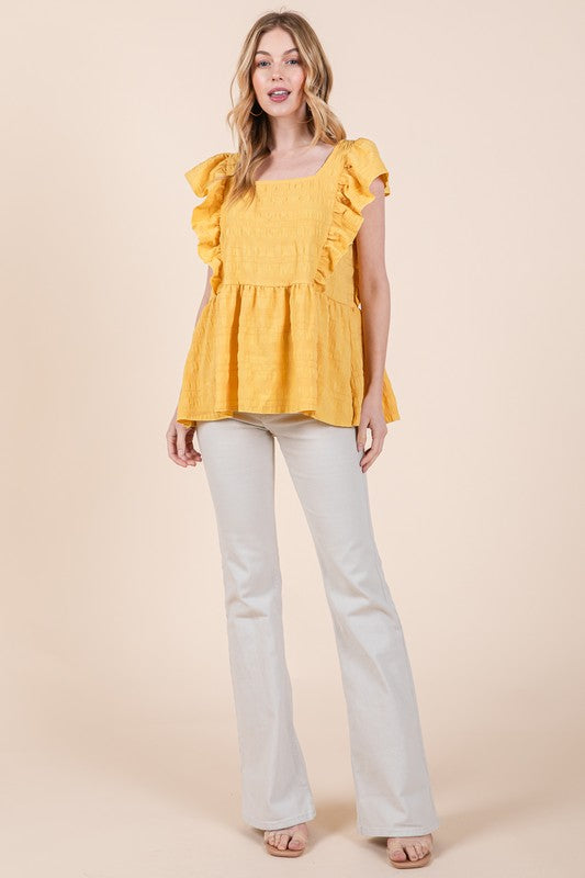 Orange Farm Ruffle Sleeve Textured Peplum Top - Rosa Apparel