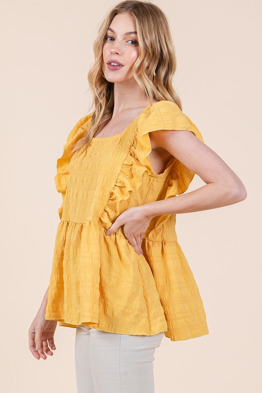 Orange Farm Ruffle Sleeve Textured Peplum Top - Rosa Apparel