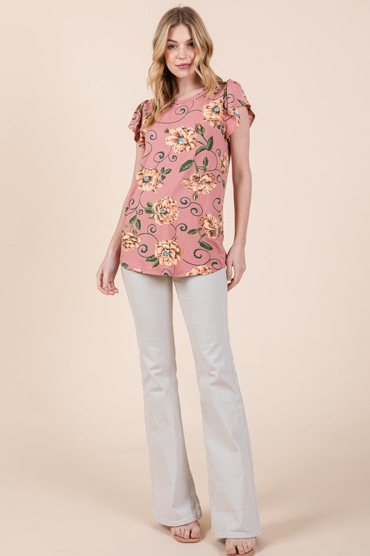 Orange Farm Soft Knit Jersey Floral Print Top - Rosa Apparel