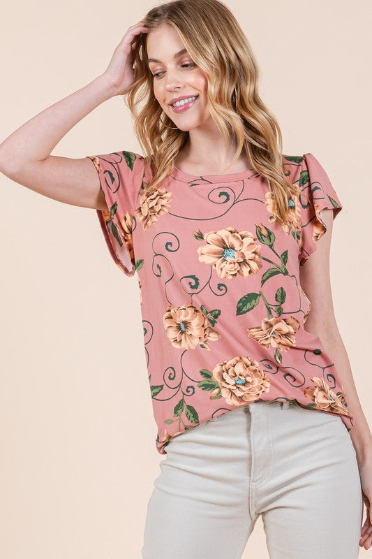 Orange Farm Soft Knit Jersey Floral Print Top - Rosa Apparel