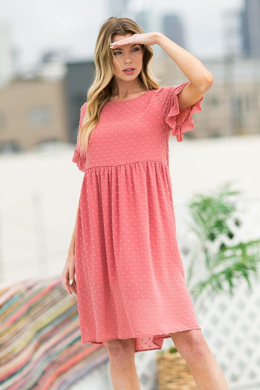 Orange Farm Swiss Dot Chiffon Short Sleeves Round Neck Dress - Rosa Apparel