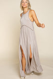 POL Stone Washed Side Slit Cut Out Round Neck Sleveless Maxi Dress - Rosa Apparel