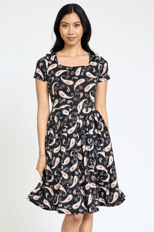 Paisley Short Sleeve Pleated Square Neck Midi Dress by EG Fashion - Rosa Apparel