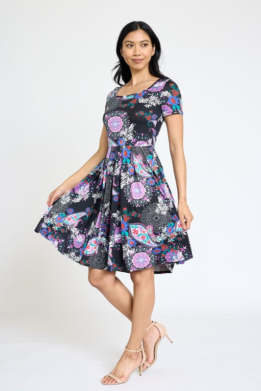 Paisley Short Sleeve Pleated Square Neck Midi Dress by EG Fashion - Rosa Apparel